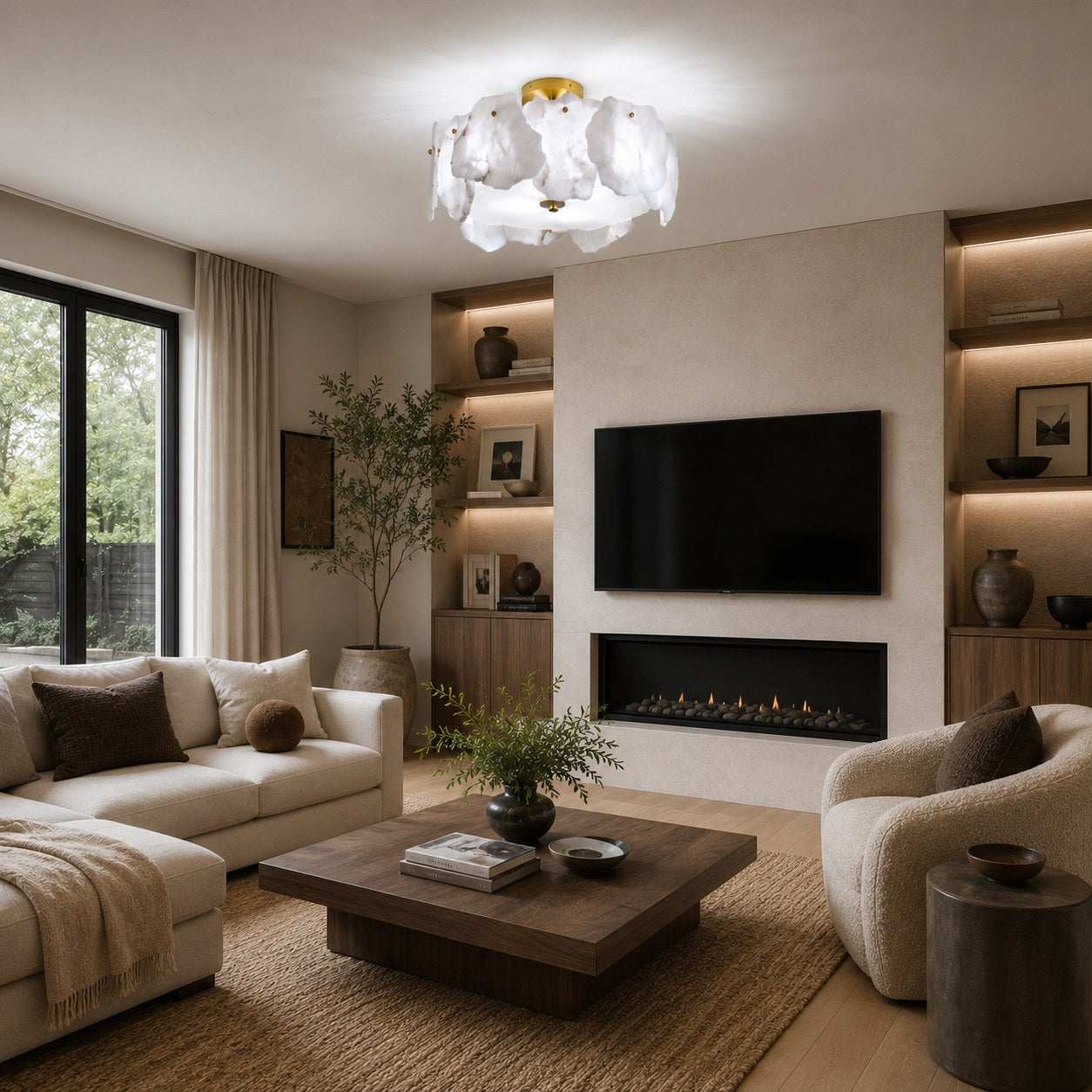 Contemporary Flush Mount Ceiling Light Copper Base Alabaster Panels Soft Diffused Lighting | ribuella