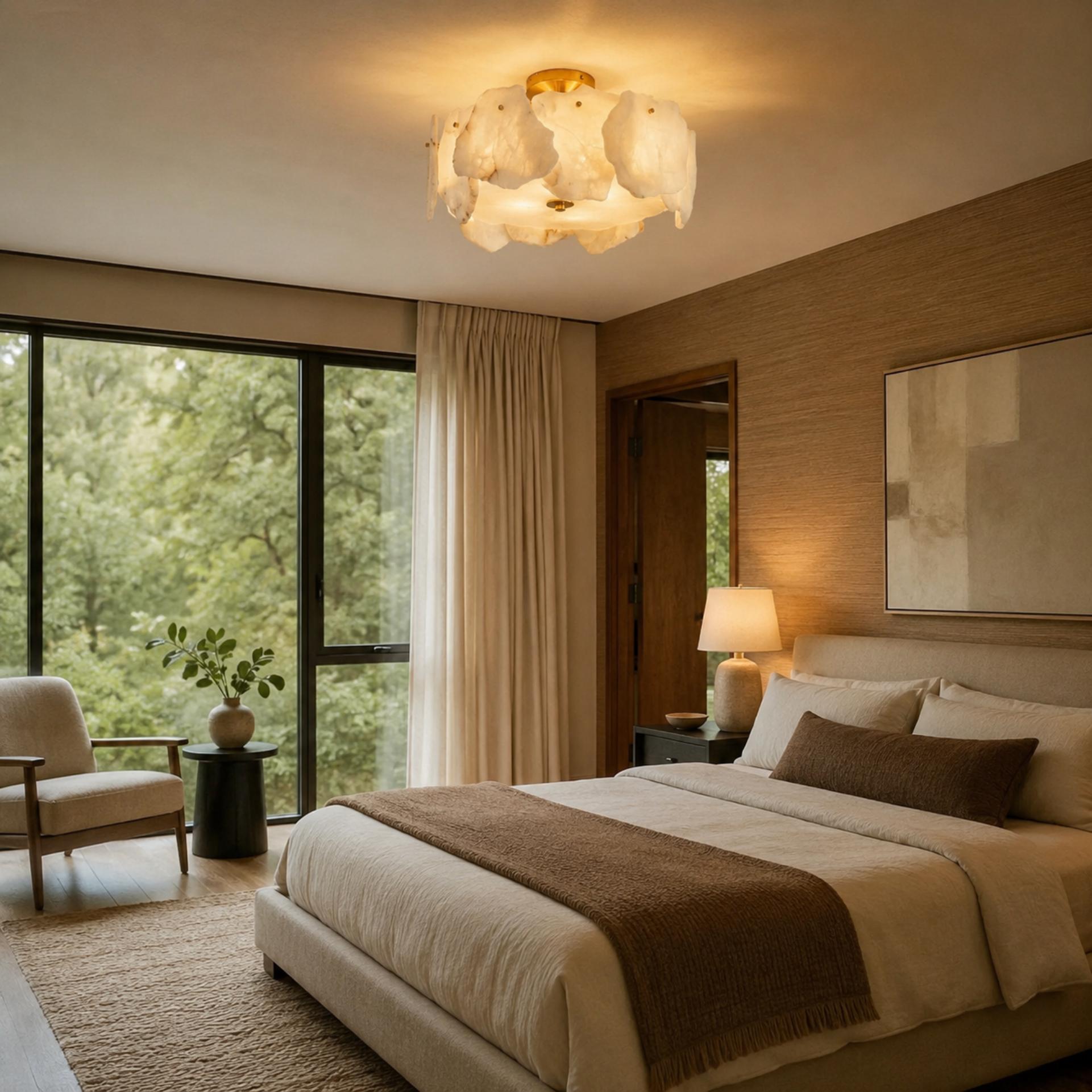 Contemporary Flush Mount Ceiling Light Copper Base Alabaster Panels Soft Diffused Lighting | ribuella