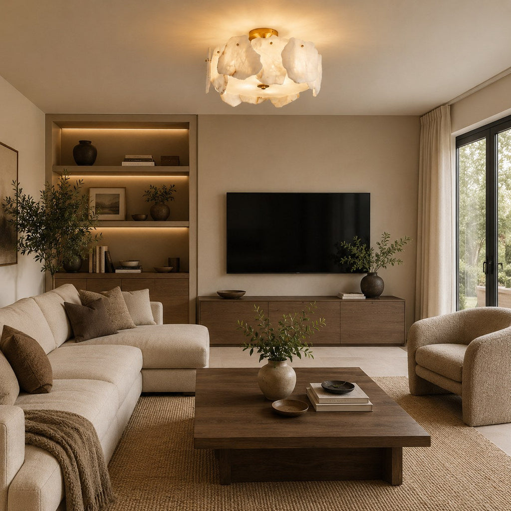 Contemporary Flush Mount Ceiling Light Copper Base Alabaster Panels Soft Diffused Lighting | ribuella