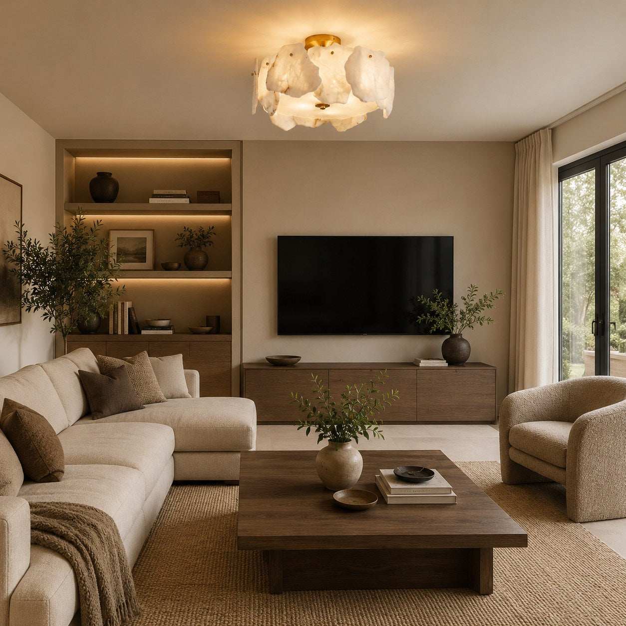 Contemporary Flush Mount Ceiling Light Copper Base Alabaster Panels Soft Diffused Lighting | ribuella