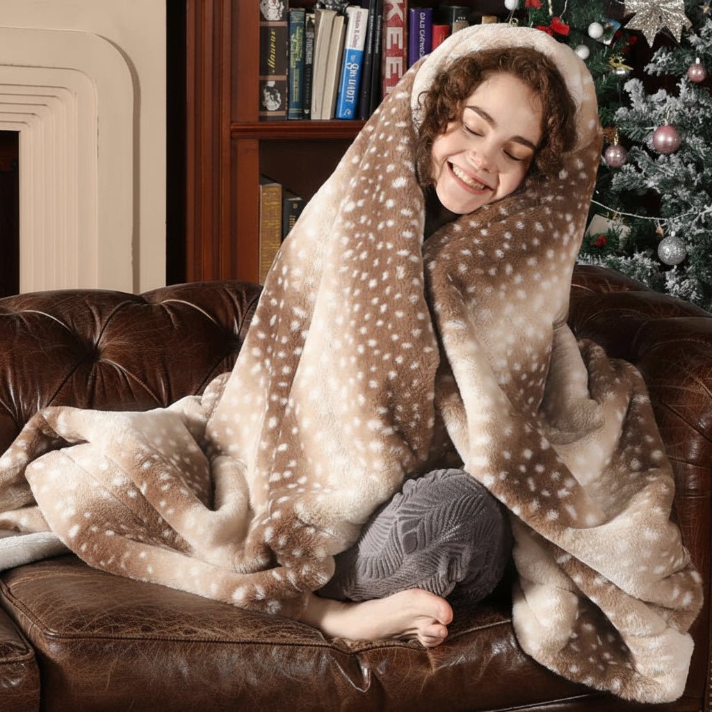 Coperta in pelliccia sintetica NatureNest — reversibile, con motivo di cervi