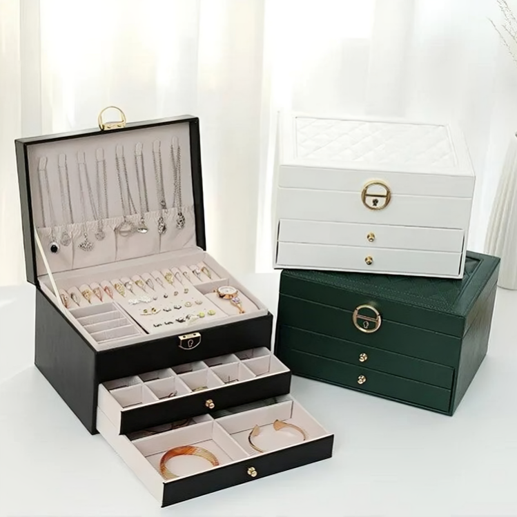 Organiseur compact à bijoux à plusieurs niveaux, tiroirs intérieurs
