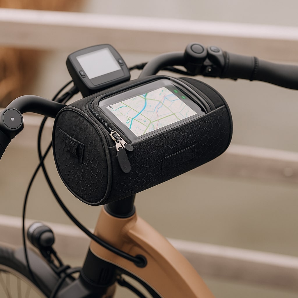 Saco impermeável para guiador de bicicleta com suporte para telemóvel com ecrã tátil