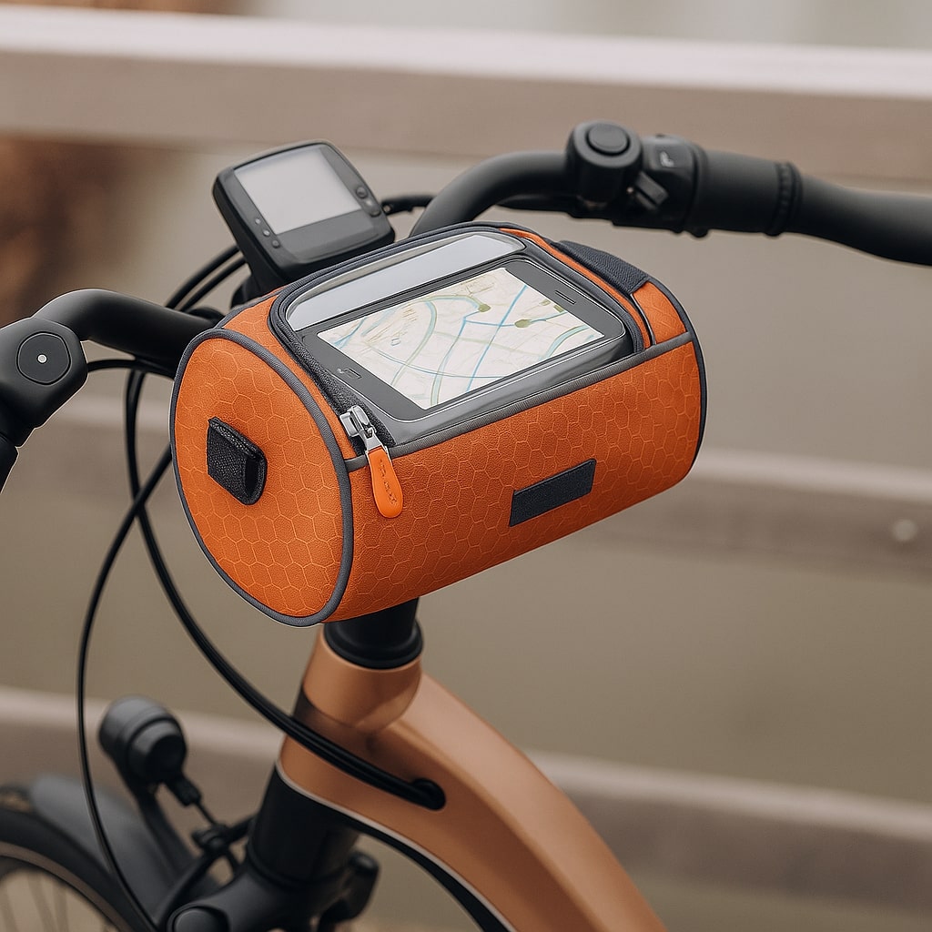 Saco impermeável para guiador de bicicleta com suporte para telemóvel com ecrã tátil