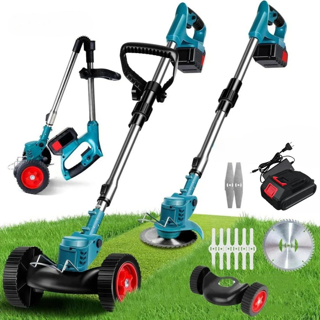 GreenStride 36V batteridriven grästrimmer — hjulstyrning, utdragbart handtag