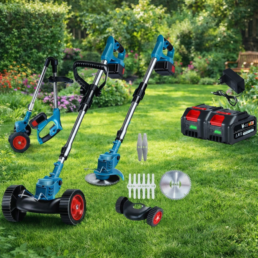 GreenStride 36V batteridriven grästrimmer — hjulstyrning, utdragbart handtag
