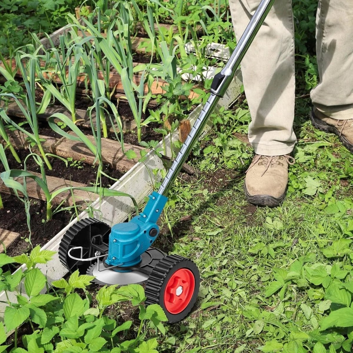 GreenStride 36V batteridriven grästrimmer — hjulstyrning, utdragbart handtag