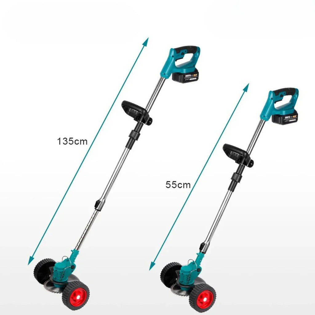 GreenStride 36V batteridriven grästrimmer — hjulstyrning, utdragbart handtag