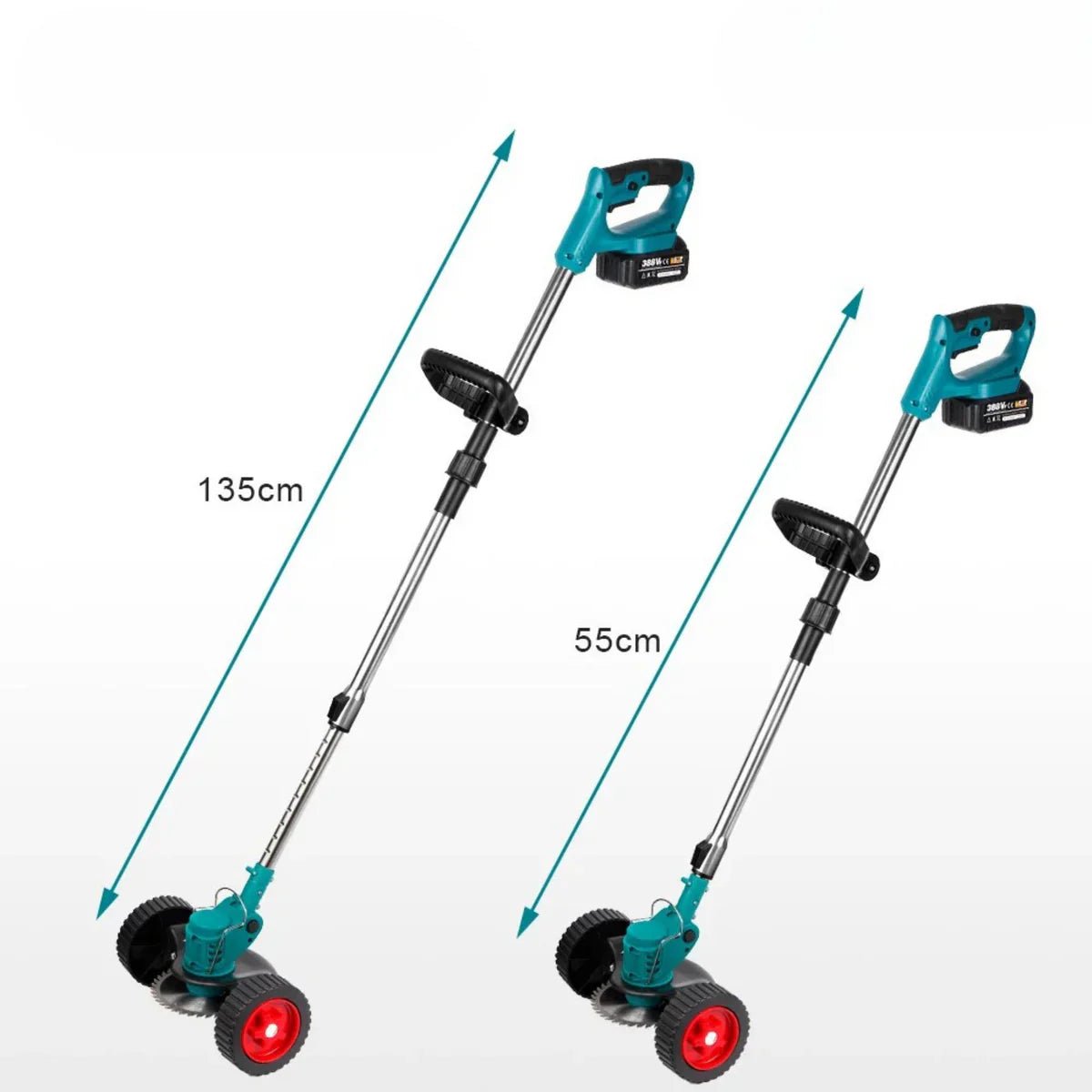 GreenStride 36V batteridriven grästrimmer — hjulstyrning, utdragbart handtag