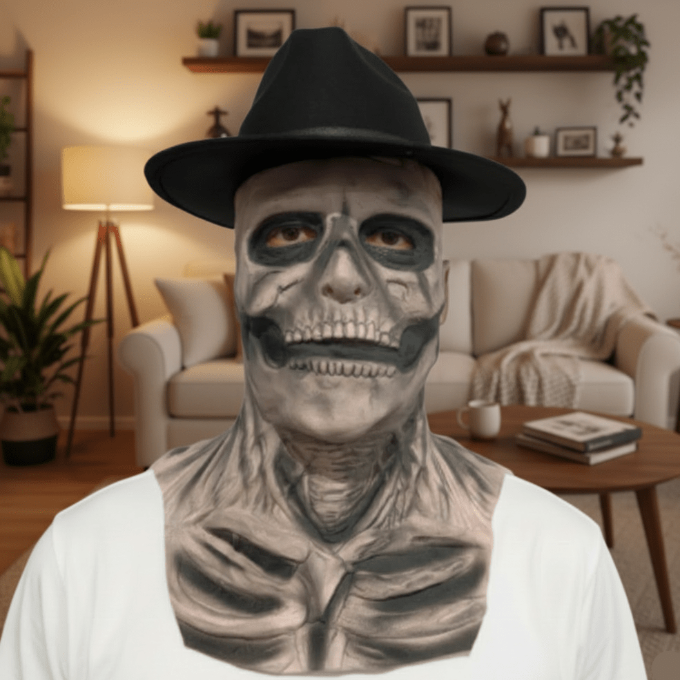 GraveShade realistisk skjelettmaske med hatt — helansiktsprotese