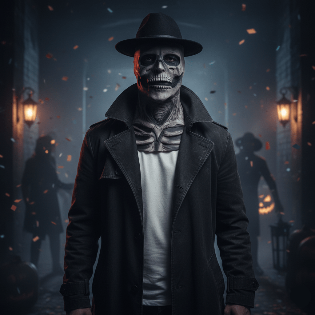 GraveShade realistisk skjelettmaske med hatt — helansiktsprotese