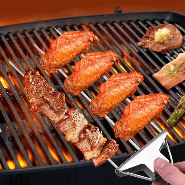 Sett med 3 grillspyd i rustfritt stål med rengjøringsskrape | ribuella