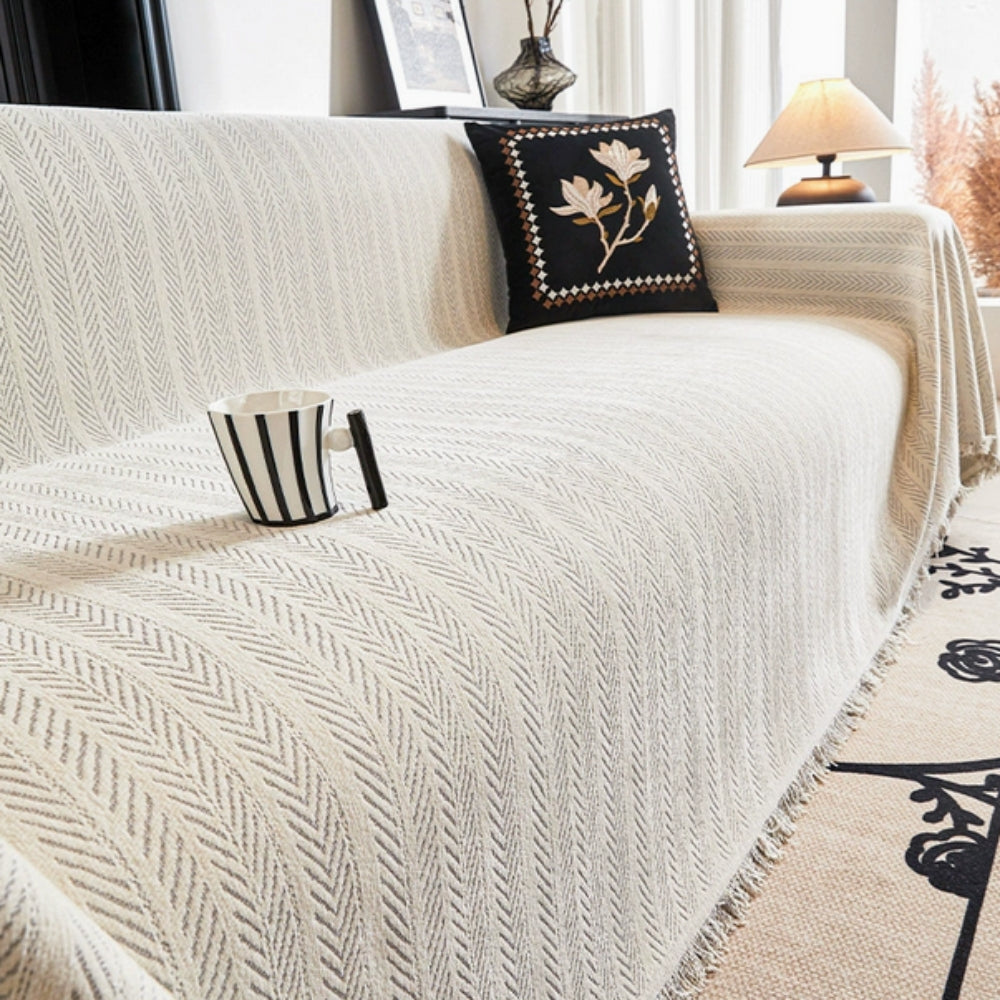 Durable Washable Herringbone Couch Cover Modern Design Tassel Accents