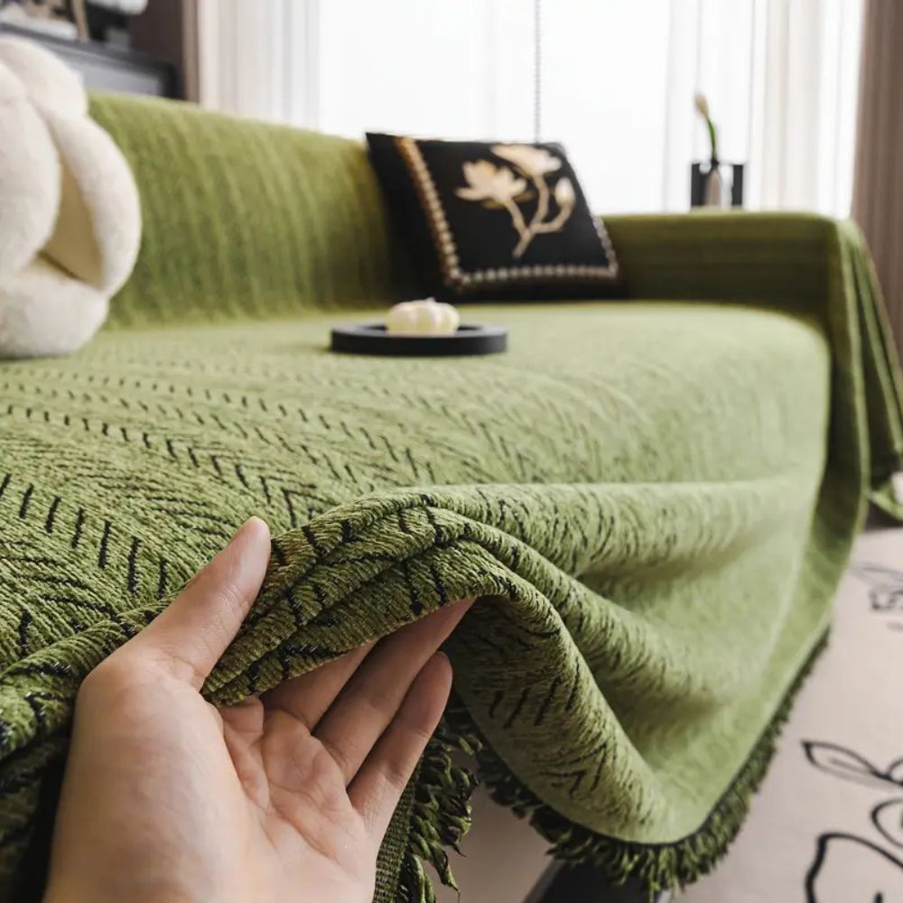 Durable Washable Herringbone Couch Cover Modern Design Tassel Accents