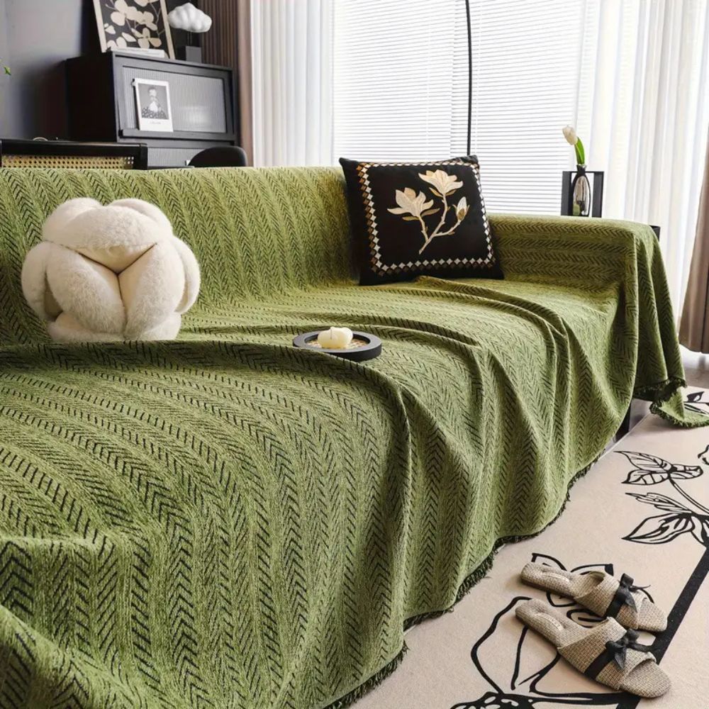 Durable Washable Herringbone Couch Cover Modern Design Tassel Accents