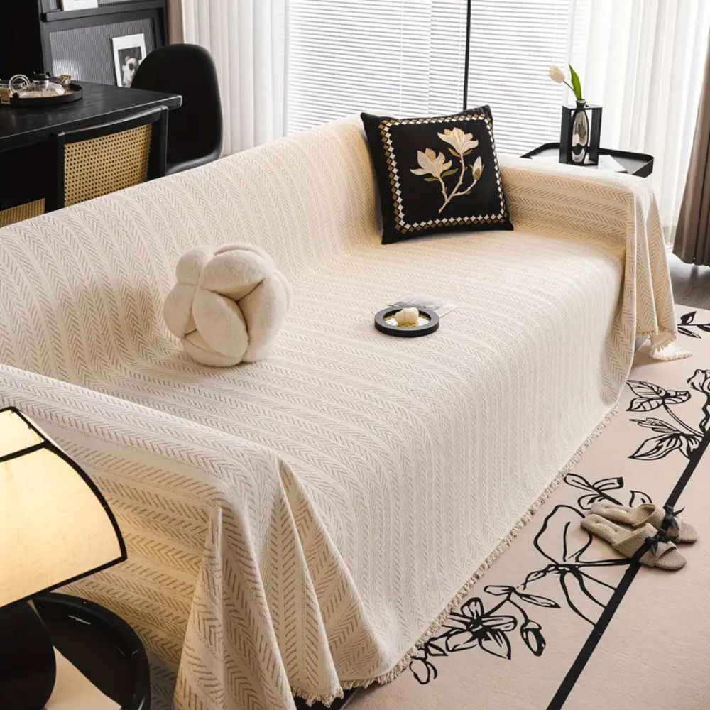 Durable Washable Herringbone Couch Cover Modern Design Tassel Accents