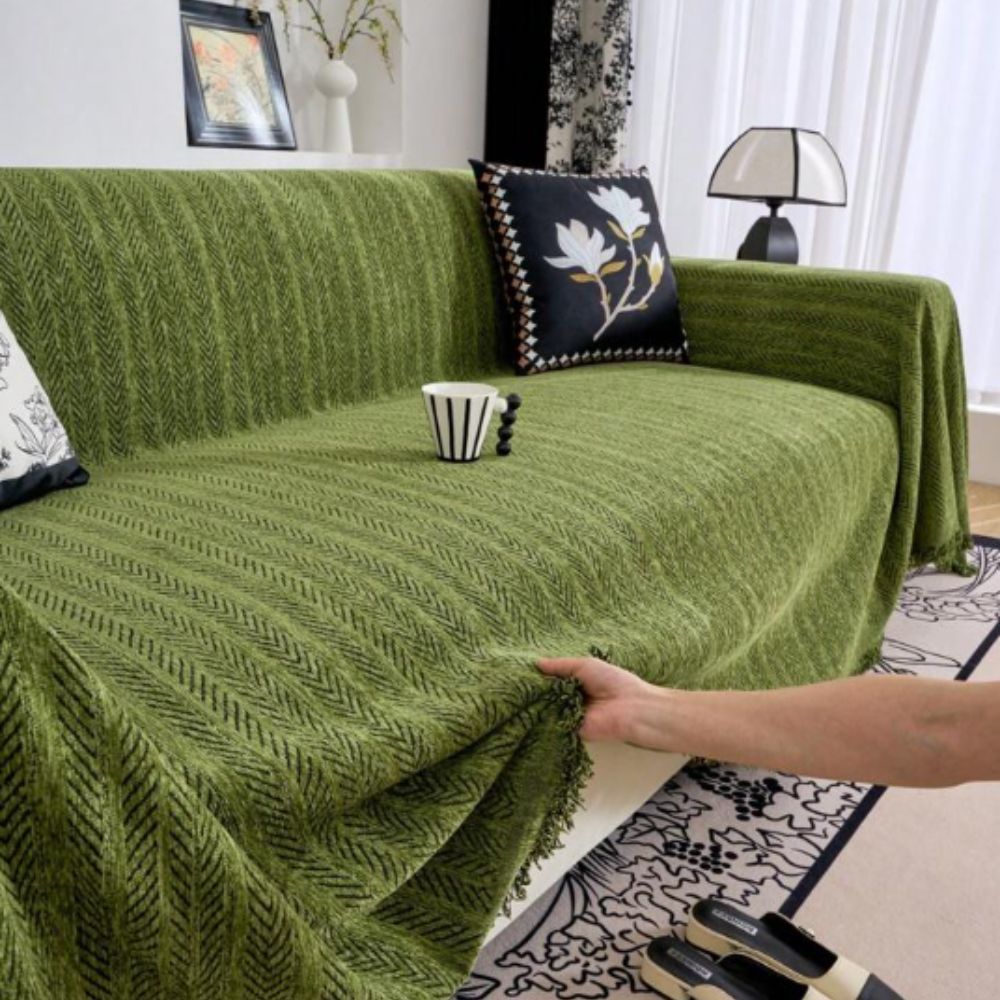 Durable Washable Herringbone Couch Cover Modern Design Tassel Accents