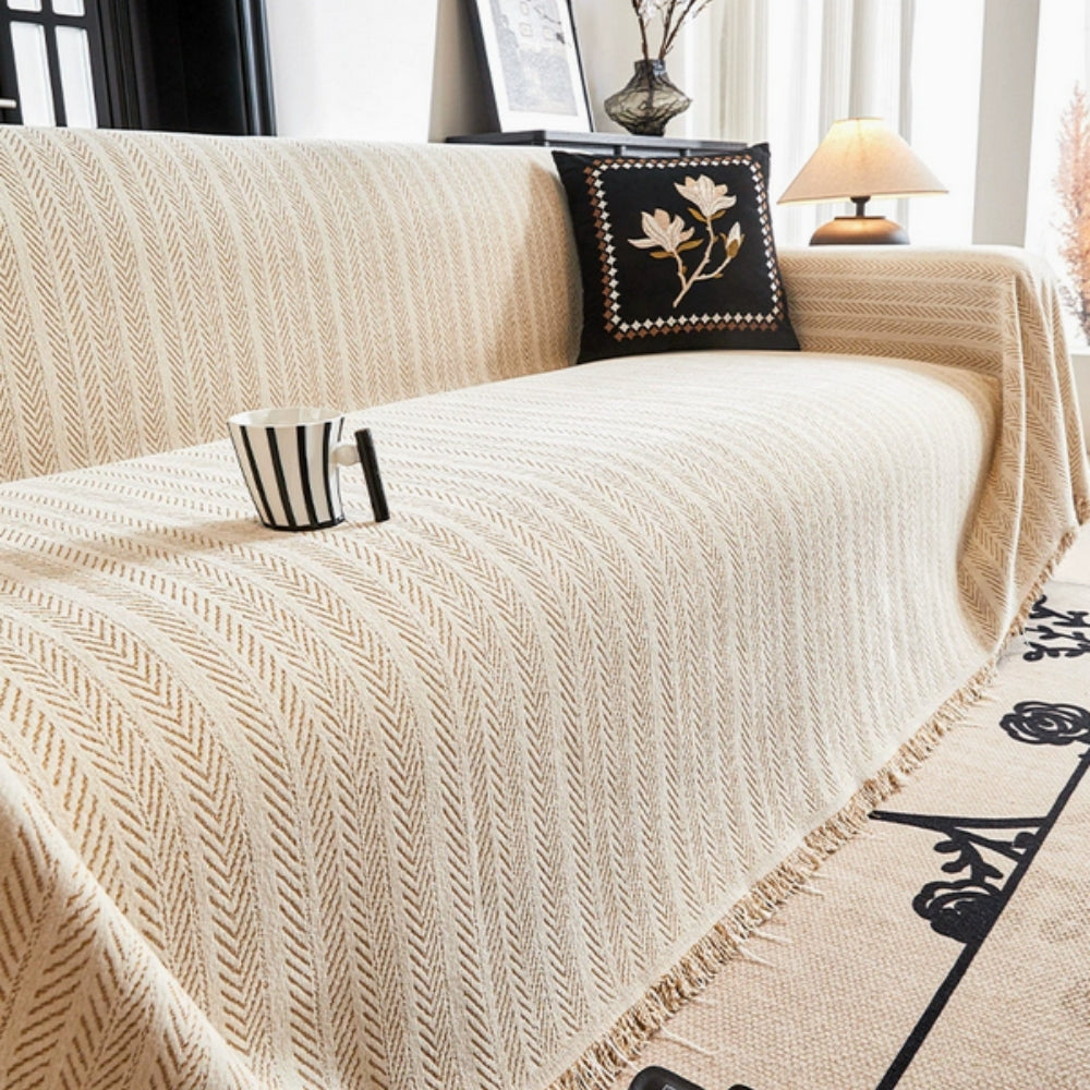 Durable Washable Herringbone Couch Cover Modern Design Tassel Accents