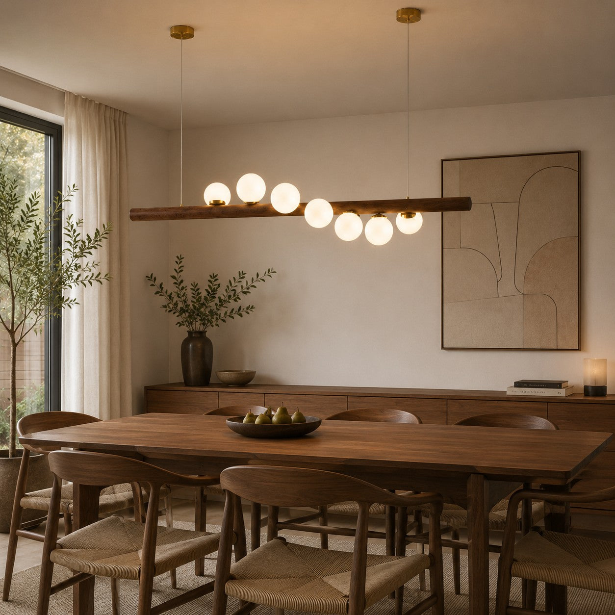Lámpara colgante escandinava con globos de vidrio opalino y barra de madera de nogal para interiores modernos | ribuella