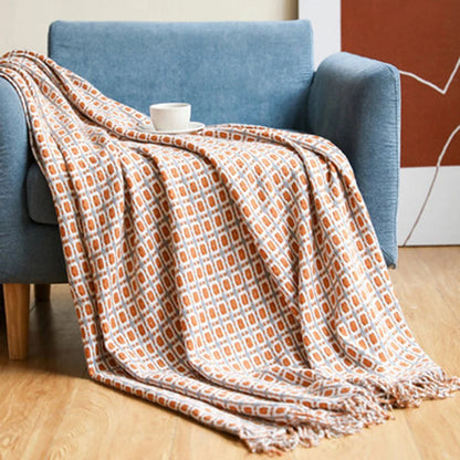 Stylish Knit Throw Blanket with Geometric Design and Fringes | ribuella