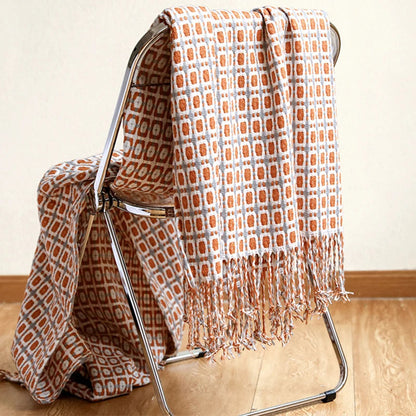 Stylish Knit Throw Blanket with Geometric Design and Fringes | ribuella