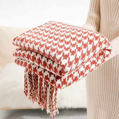 Stylish Knit Throw Blanket with Geometric Design and Fringes | ribuella