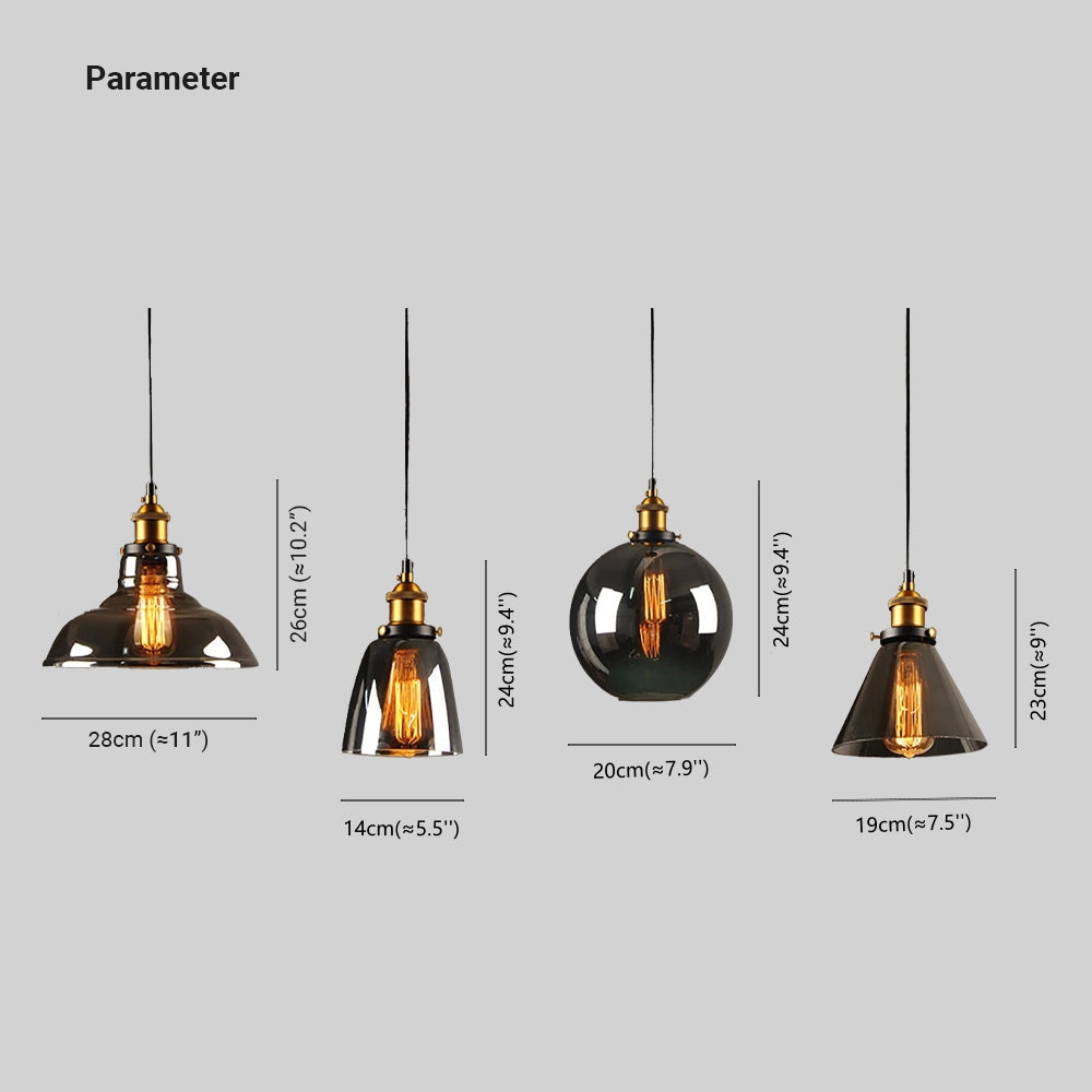 Lampada a sospensione industriale June in vetro trasparente, ambrato o grigio fumo