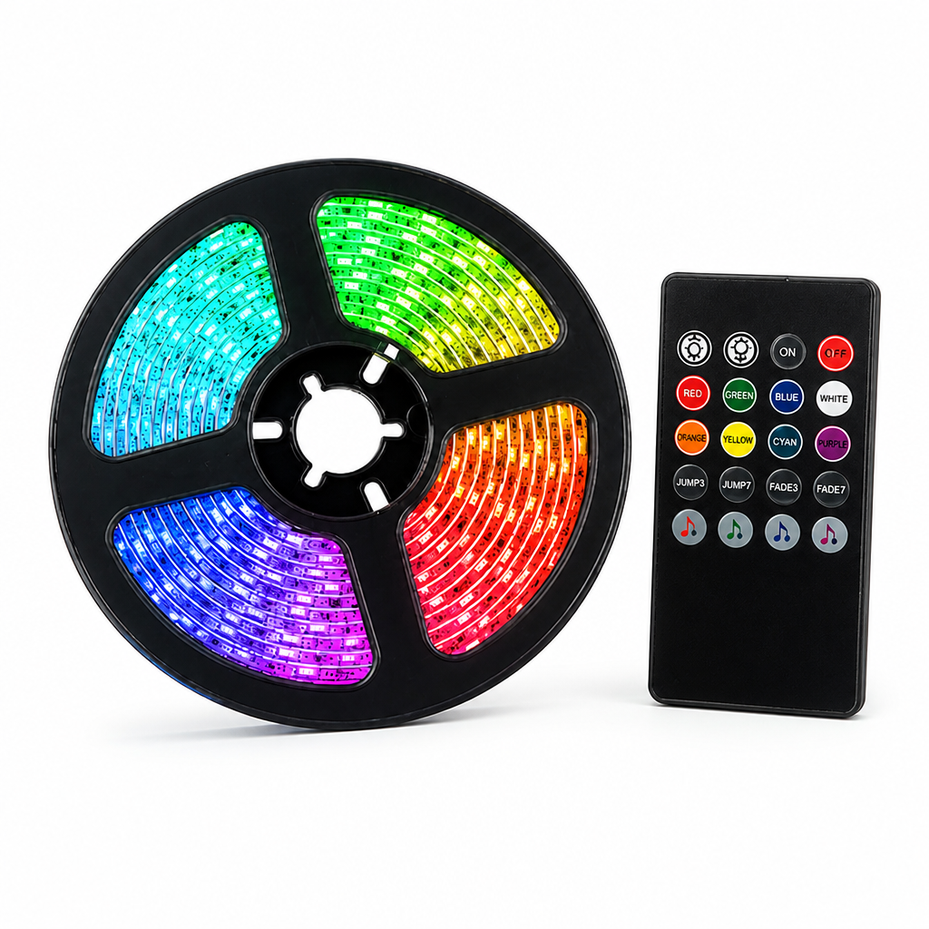 RGB LED pásek s měnícími se barvami, synchronizací s hudbou a dálkovým ovládáním (5 m) | ribuella