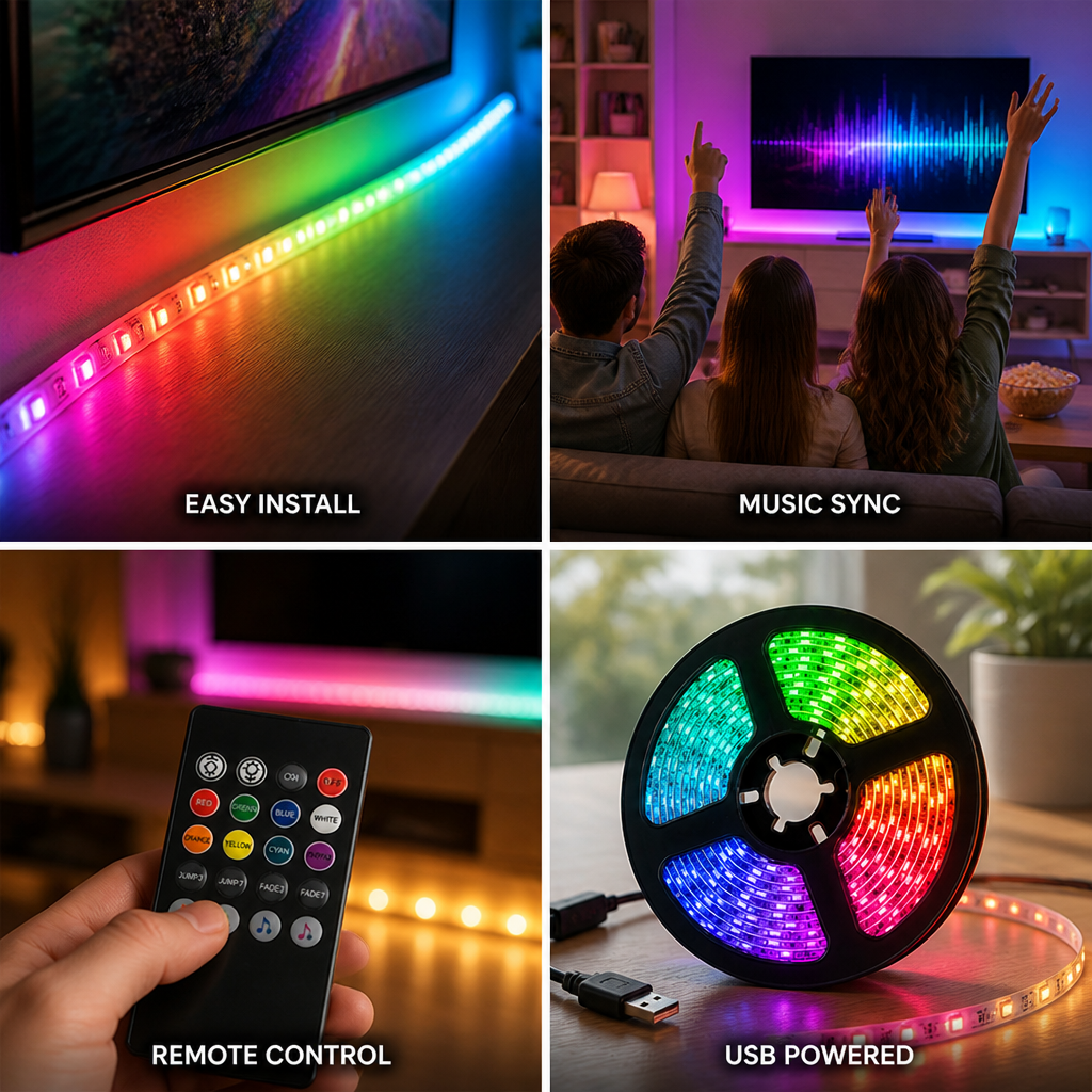 RGB LED pásek s měnícími se barvami, synchronizací s hudbou a dálkovým ovládáním (5 m) | ribuella
