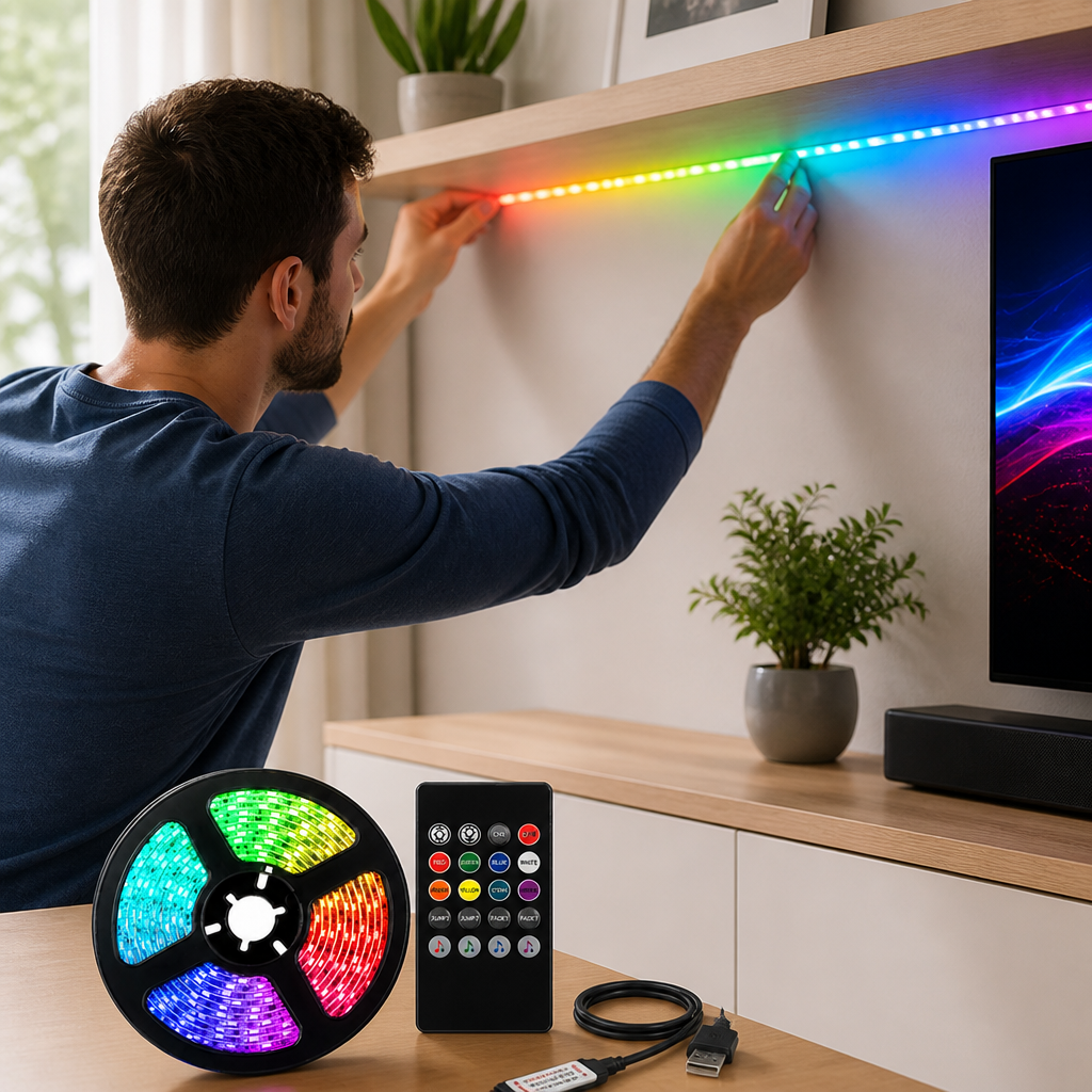 RGB LED pásek s měnícími se barvami, synchronizací s hudbou a dálkovým ovládáním (5 m) | ribuella