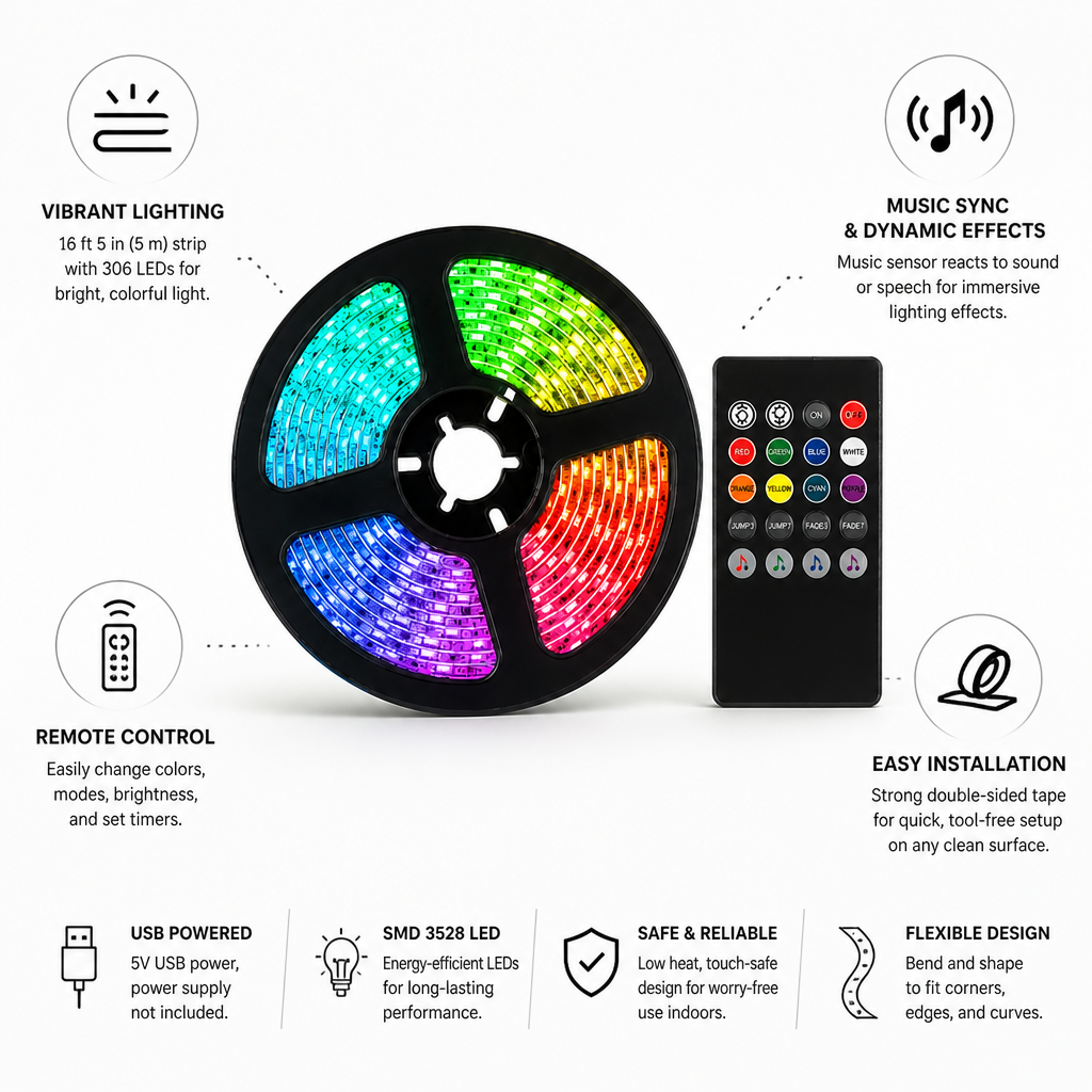 RGB LED pásek s měnícími se barvami, synchronizací s hudbou a dálkovým ovládáním (5 m) | ribuella