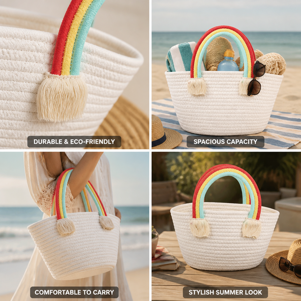 Geräumige gewebte Strandtasche aus Stroh mit bunten Fransen | ribuella