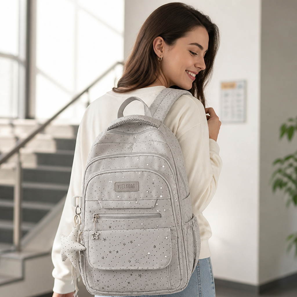 Schulrucksack mit Sternverzierung und mehreren Fächern | ribuella