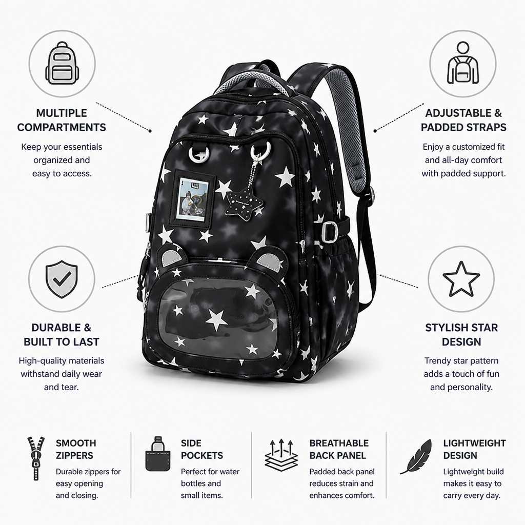 Zaino per bambini a fantasia di stelle con più scomparti | ribuella