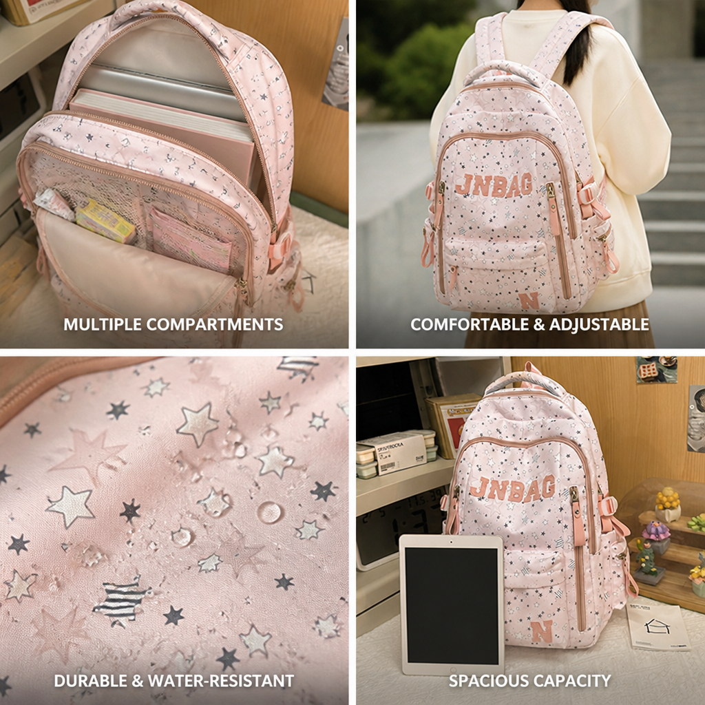 Schulrucksack mit Sternenmuster und mehreren Fächern (verstellbare, gepolsterte Träger) | ribuella
