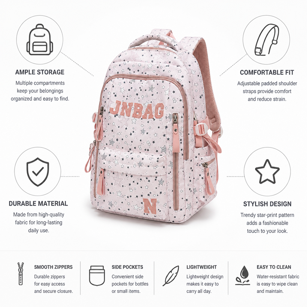 Schulrucksack mit Sternenmuster und mehreren Fächern (verstellbare, gepolsterte Träger) | ribuella