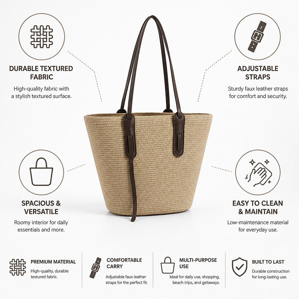 Structured Textured Fabric Tote (Adjustable Faux Leather Straps) | ribuella