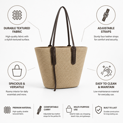 Structured Textured Fabric Tote (Adjustable Faux Leather Straps) | ribuella