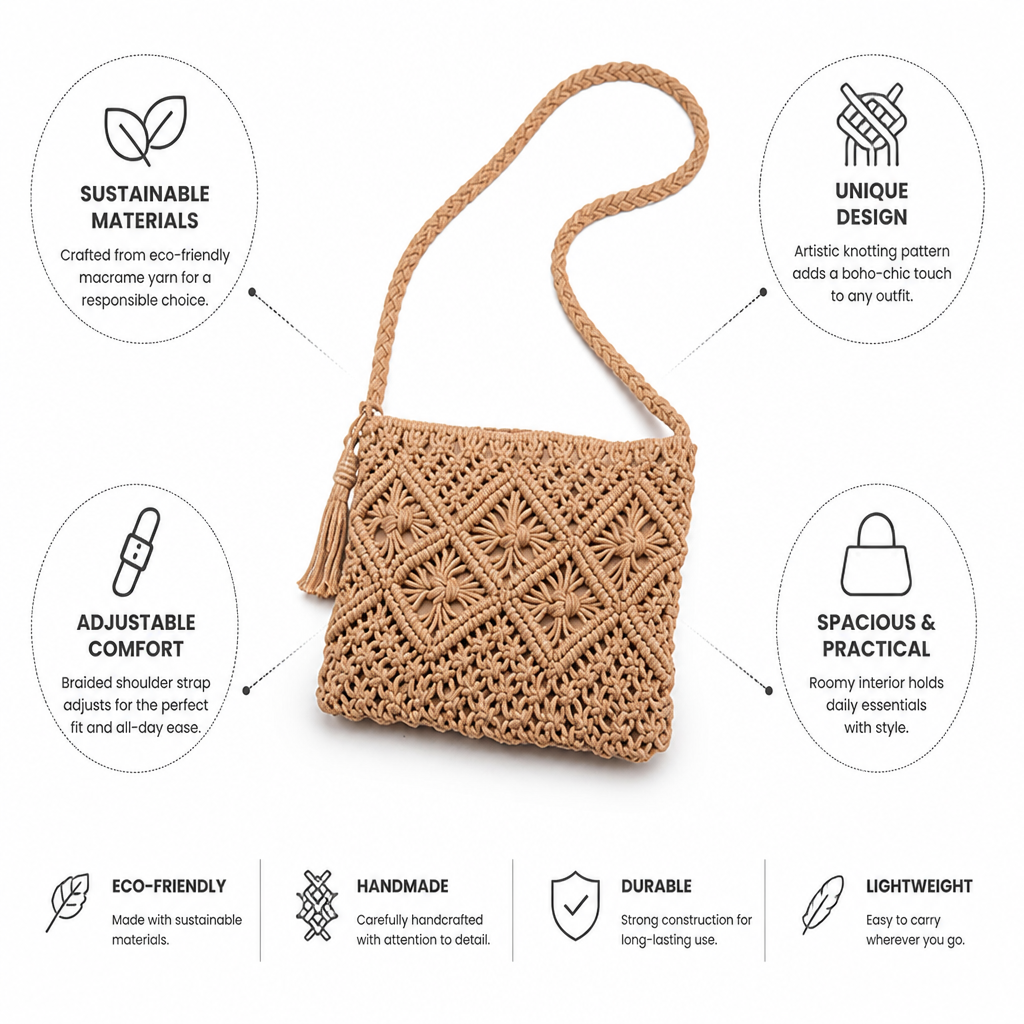 Sustainable Handmade Macrame Shoulder Bag (Adjustable Braided Strap) | ribuella