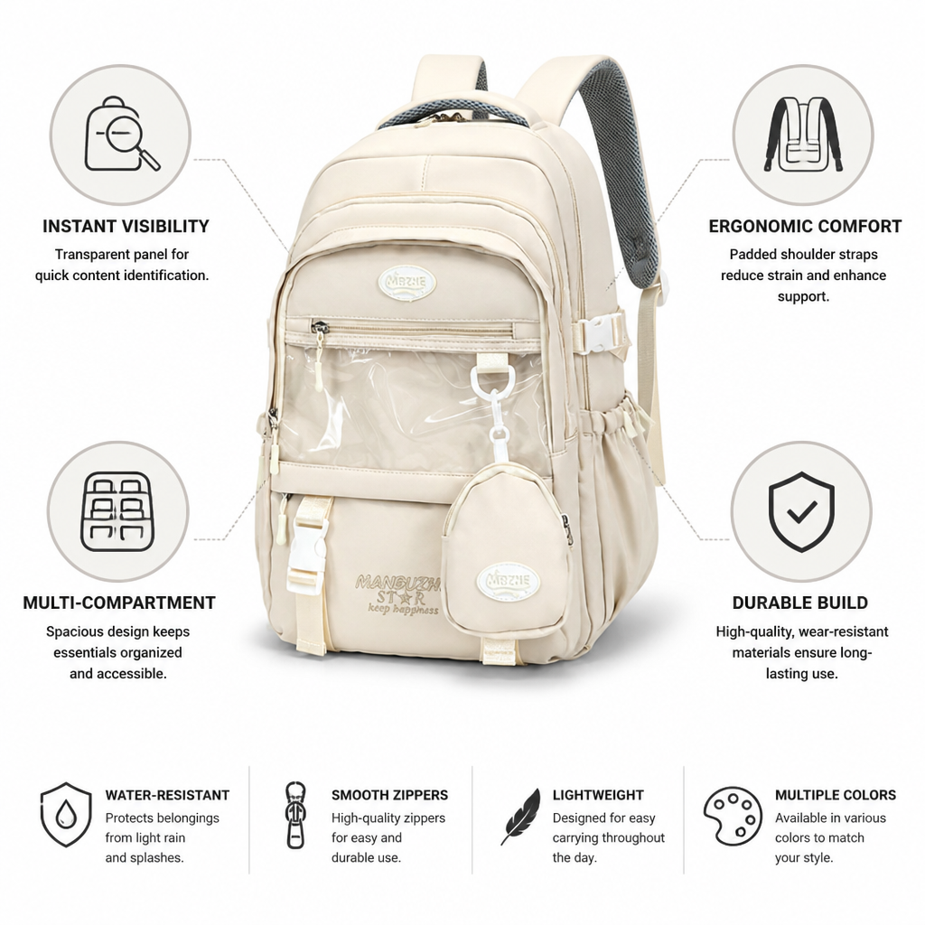 Transparent Front Panel & Padded Shoulder Straps School Backpack | ribuella