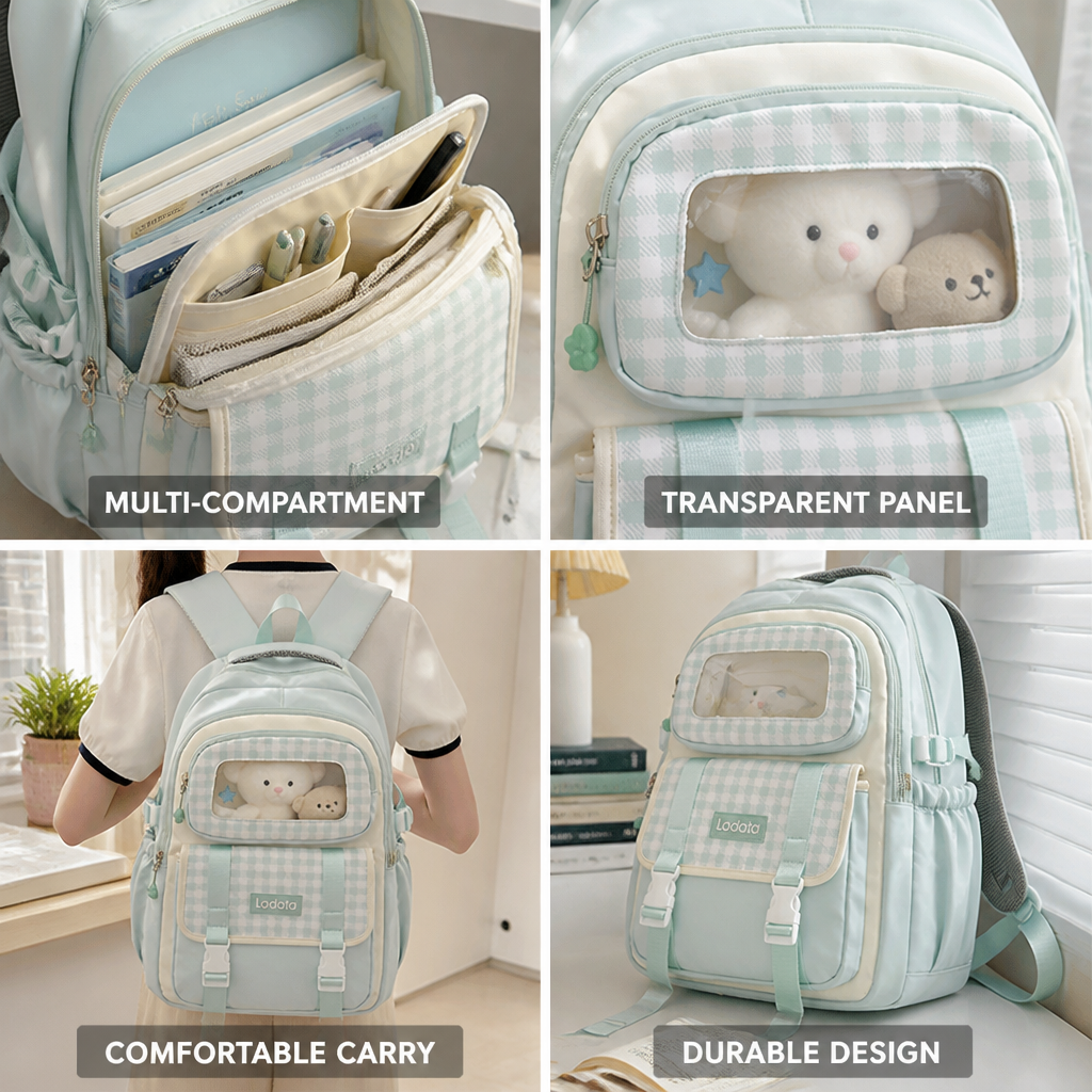 Transparent Panel Multi-Compartment Kids School Backpack | ribuella