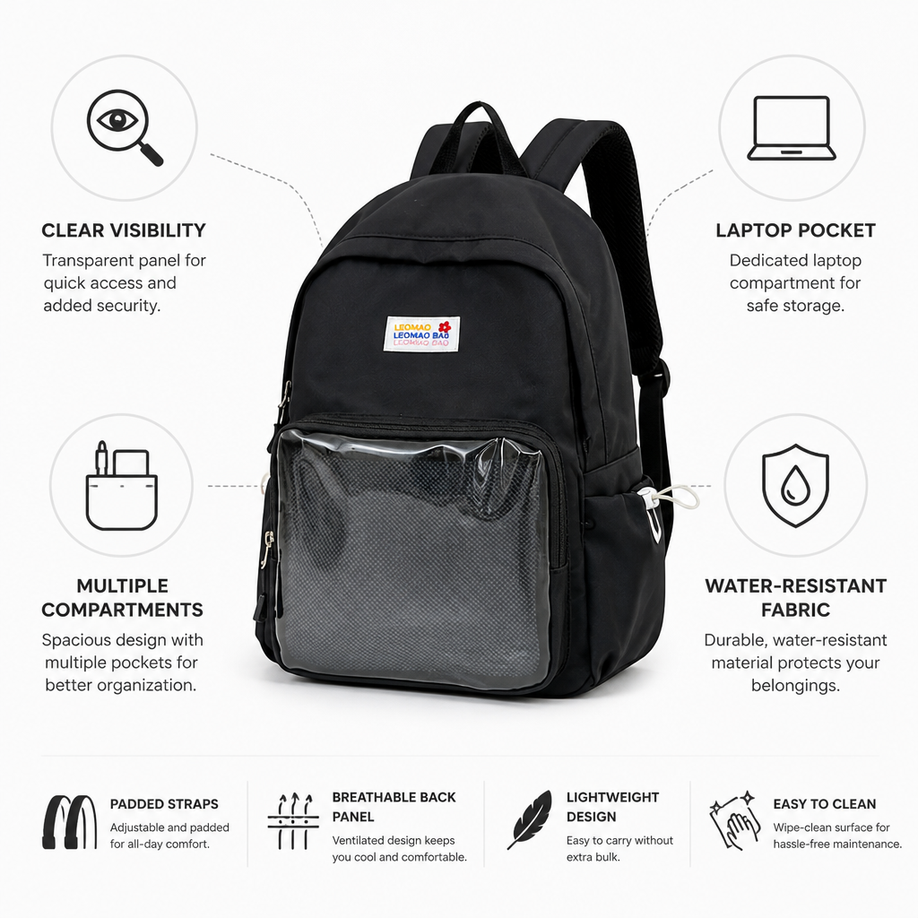 Transparent Panel Water-Resistant School Backpack (Padded Straps & Laptop Pocket) | ribuella