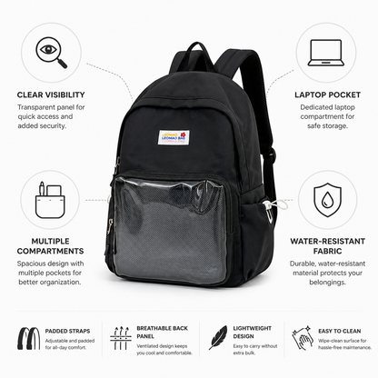 Transparent Panel Water-Resistant School Backpack (Padded Straps & Laptop Pocket) | ribuella