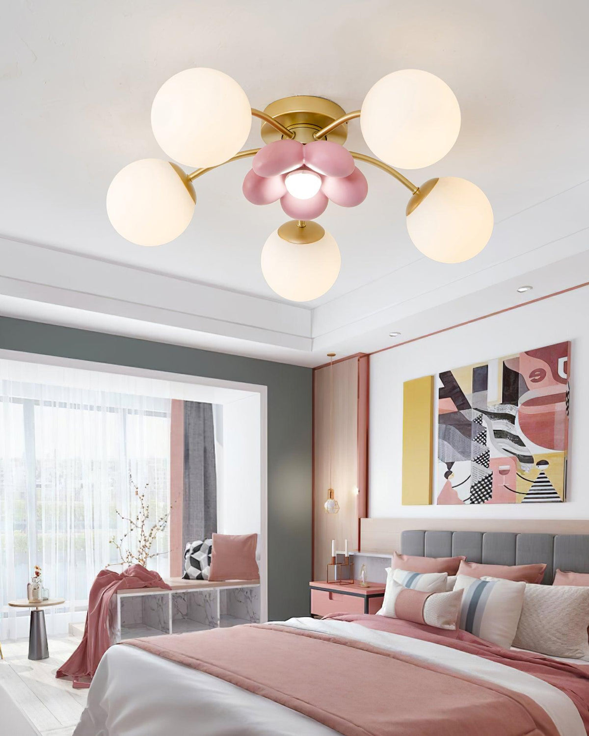 Blossura Pink Petal Ceiling Light, Gold Base, Warm Glow