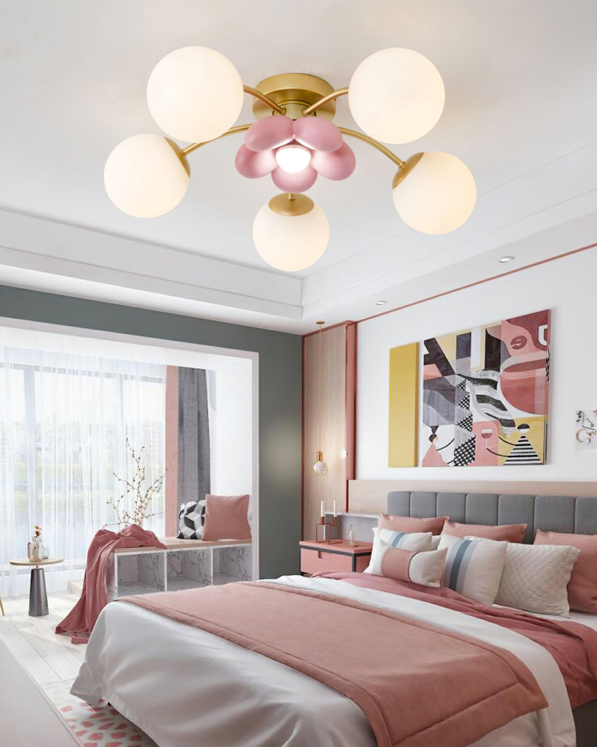 Blossura rosafarbene Blütenblatt-Deckenleuchte mit goldener Basis und warmem Licht