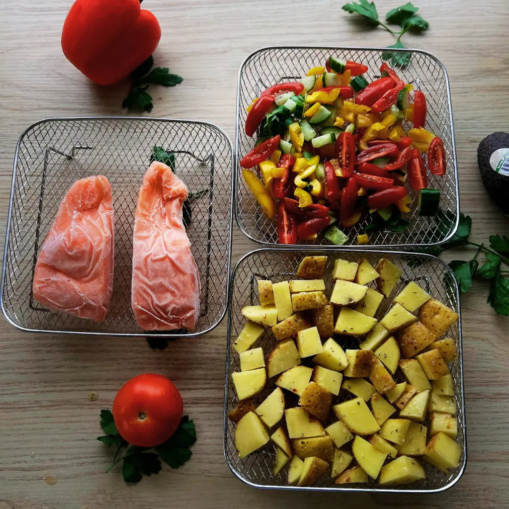 Coșuri stivuibile pentru friteuze cu aer cald, cu clește termorezistent oferit cadou | ribuella