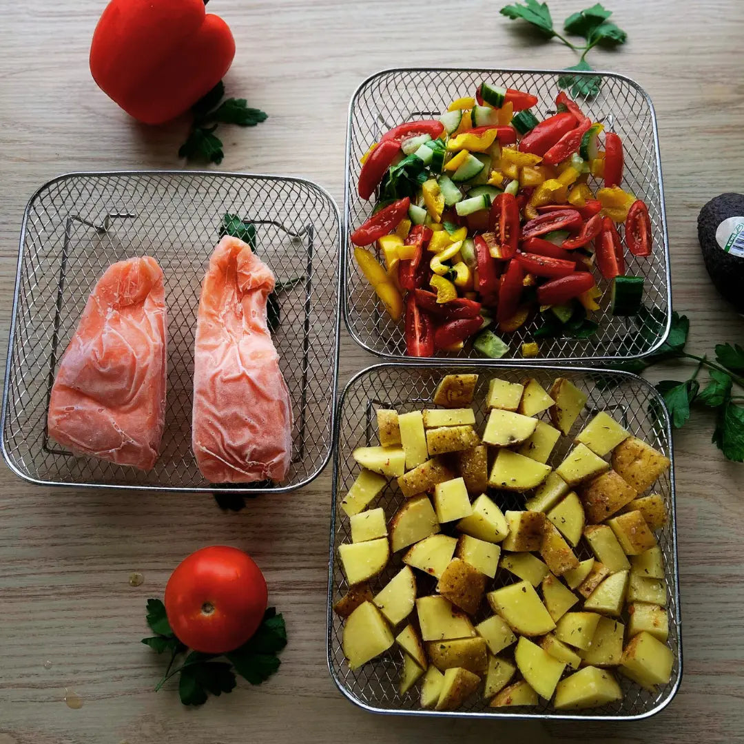 Coșuri stivuibile pentru friteuze cu aer cald, cu clește termorezistent oferit cadou | ribuella