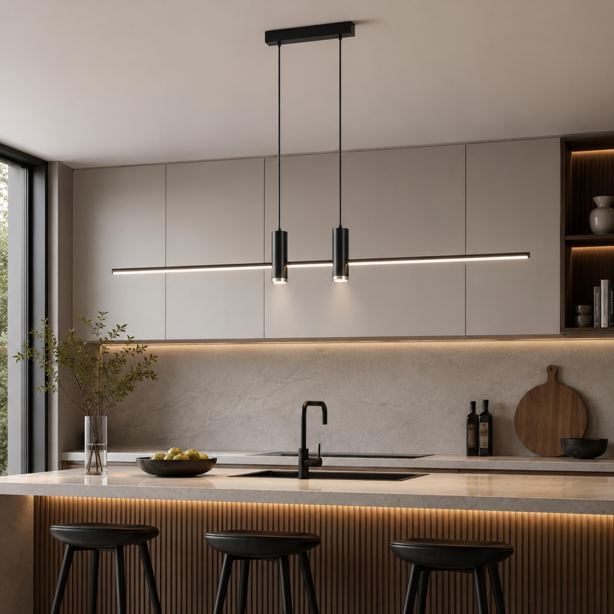 Moderní nastavitelná závěsná lampa, kovové svítidlo s LED technologií pro osvětlení kuchyně | ribuella