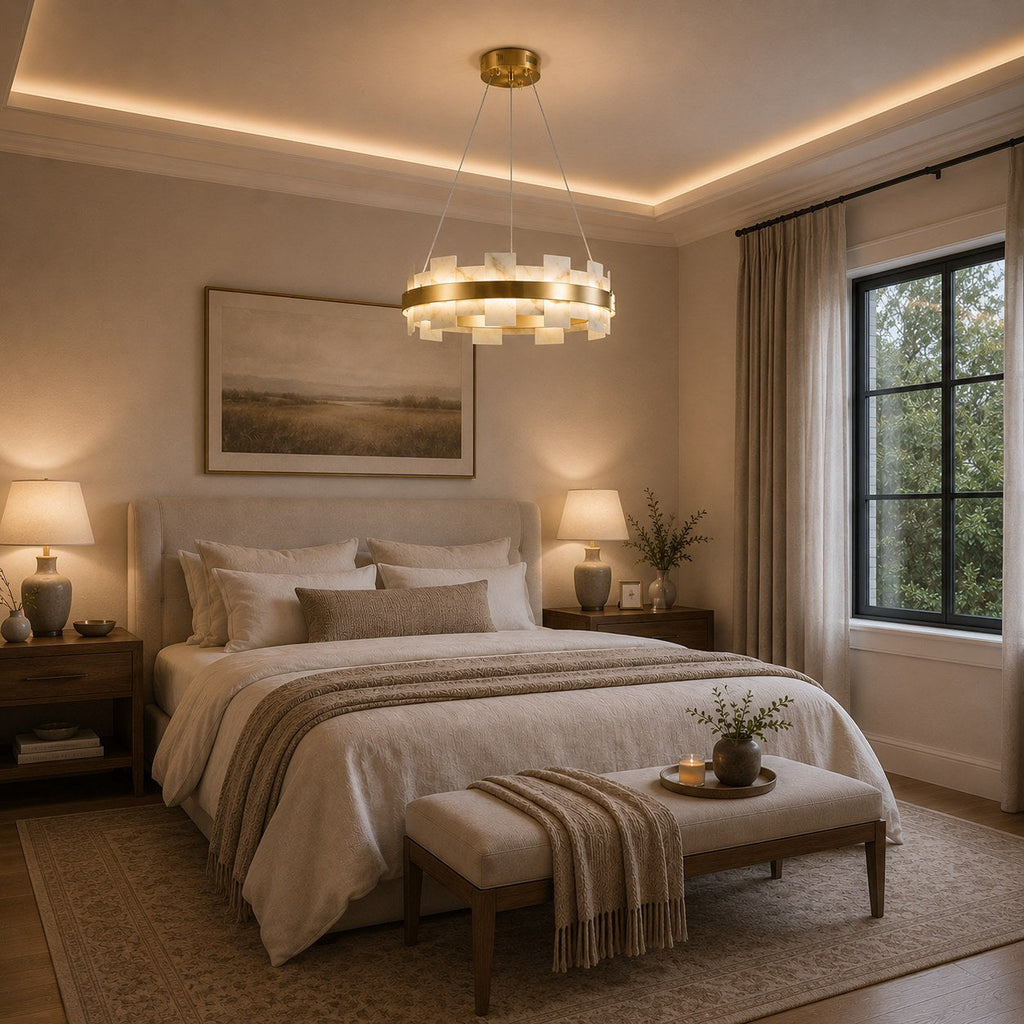 Modern Alabaster Chandelier Ceiling Mounted Brass Finish Dimmable LED Compatible 60W | ribuella