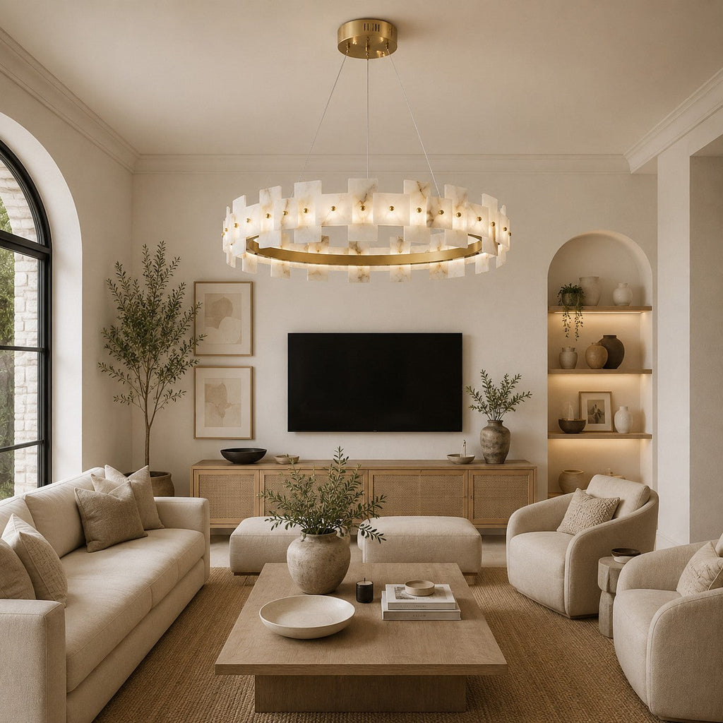 Modern Alabaster Chandelier Ceiling Mounted Brass Finish Dimmable LED Compatible 60W | ribuella